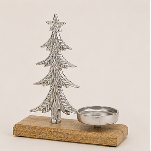 Handmade Silver Aluminum Christmas <b>Tree</b> Candle Holder With Natural Mango Wood Base Premium Tealight Stand For Festive <b>Tabletop</b> - Product Image 5