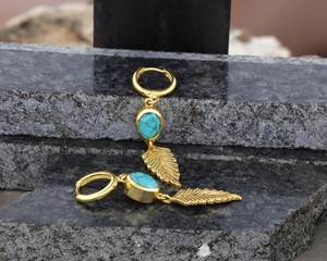 Turquoise <b>Leaf</b> Dangle Earrings 925 Sterling Silver Natural Stone Feather Drop Boho Handmade <b>Jewelry</b> Women Gift - Product Image 2