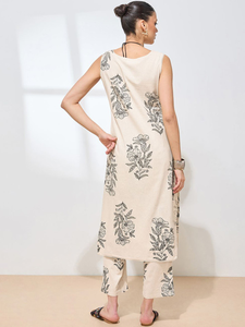 Floral Printed Sleeveless V-Neck Cotton Ankle-Length <b>Kurti</b> & Trousers <b>Women</b> Loose Fit Casual Summer Wear India Pakistan Style - Product Image 6