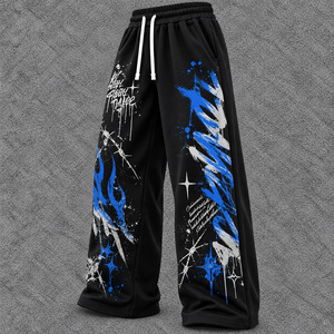 Pantalon de survêtement noir streetwear pour femme, coupe ample, taille élastique, imprimé graffiti bleu et blanc, collection automne - Product Image 3