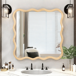 Legno naturale 36 \ "X 36 \" moderna parete quadrata ondulata specchio in legno massello arredamento per bagno soggiorno sala da pranzo guardaroba ingresso - Product Image 1