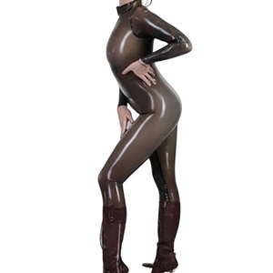 Mono de mujer marrón de manga larga con cuello alto, recubrimiento de PU, cintura alta, ajustado, estilo clubwear con detalle de cremallera - Product Image 1