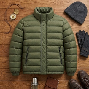 Men's Olive Green Color Puffer Jacket Winter <b>Coat</b> <b>Stand</b> Collar Zip Up Outdoor Streetwear Custom Apparel OEM ODM - Product Image 2
