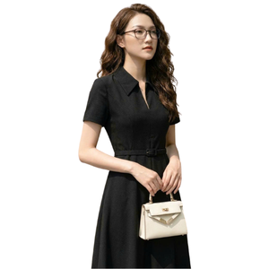 Vestido midi negro para mujer, manga corta, con cuello, línea A, con cinturón, elegante, para oficina, listo para enviar, al por mayor - Product Image 1