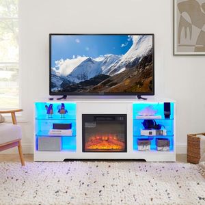 Modern Electric Fireplace TV Stand with Glass Shelves 3D LED Lights Wood USB Charging Outlet Sleek Design - Product Image 3
