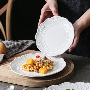 White ceramic Dinnerware <b>Sets</b> with Embossed blooming flower Pattern and wavy edges smooth Underglaze texture restaurants homes - Product Image 5