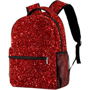 Sac à dos rouge à paillettes avec fermeture éclair noire et poche latérale en maille, style tendance, poignée souple, usage quotidien, matériau polyester - Product Image 6