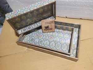 Set of Three Handcrafted Wooden MDF Serving Trays with Golden <b>Foil</b> Premium Quality Single Tier for Home <b>Kitchen</b> Living Room - Product Image 2