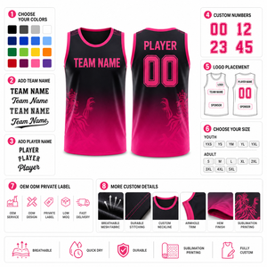 Maillot de basket-ball personnalisé à dégradé, sans manches, maillot d'équipe rose et noir, uniforme en mesh sublimé, fabricant OEM - Product Image 4