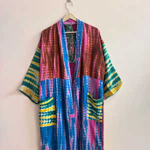 Kimono de Seda Crepé Reciclada para Mujer, Estilo Vintage, Kimono Largo de Seda Saree - Product Image 1