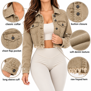Veste en jean courte pour femme, couleur unie, manches longues, col rabattu, ourlet à franges, style trucker, pour l'automne - Product Image 4