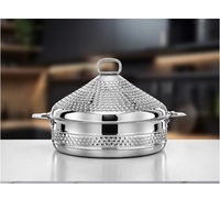 Plat de service rond en acier inoxydable argenté gravé avec couvercle et poignée en laiton doré, finition polie brillante, pour plats chauds décoratifs