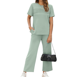 Women Everyday Two Piece Set Casual T Shirt <b>Elastic</b> Waist Pants Lounge Wear Custom Printing - Product Image 2