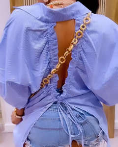 Women's Hollowed-Out Back Striped Shirt <b>Bubble</b> Sleeve Drawstring Lacing Loose Fit Breathable Blouse Wholesale Supplier OEM - Product Image 2