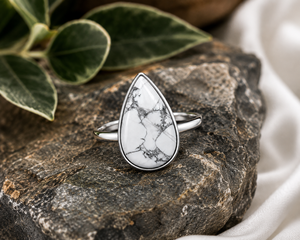 Natural White Buffalo Turquoise <b>Ring</b> 925 Sterling Silver Rhodium Plated Bezel Set Natural Cabochon Stone Wedding <b>Ring</b> - Product Image 3