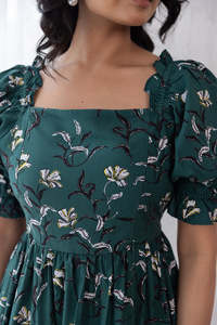 Vestido Midi de Viscosa con Estampado Floral, Mangas Abullonadas, Cuello Cuadrado, Corte en A, Estilo Boho, Holgado, Casual, para Primavera - Product Image 3