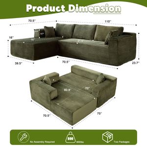 Divano Sezionale Modulare Minimalista a Compressione con Seduta Profonda, Divano a L Senza Struttura con Chaise Longue Comoda, Divano Letto per Soggiorno - Product Image 3