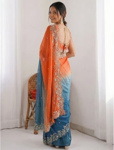 Sari de Diseño KV Naranja Satinado Bordado con Blusa Cosida - Product Image 4