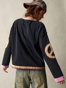 Custom Patch Applique Vintage Washed Oversized Contrast Layered Hem Black Women's Sweatshirt Hoodies Private Label High Street - Product Image 3