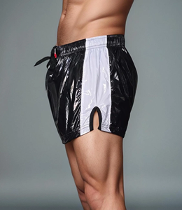 Glossy PU-Nylon Sprint Shorts – <b>Black</b> with <b>White</b> Side <b>Stripes</b> - Product Image 2