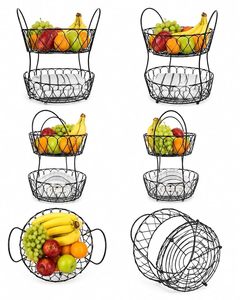 2-Tier Metal Fruit Basket Black Iron Wire Double Layer Kitchen Countertop Organizer <b>Vegetable</b> <b>Stand</b> Home Dining Decor - Product Image 2