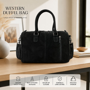 Premium Black Leather <b>Duffel</b> <b>Bag</b> for Men and Women Travel Weekender Carry On Overnight Gym Business Shoulder Handbag with Strap - Product Image 2