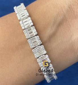 Gorgeous New Round Brilliant and <b>Baguette</b> Moissanite Diamond Iced Out Cluster Tennis <b>Bracelet</b> in 925 Sterling Silver - Product Image 1