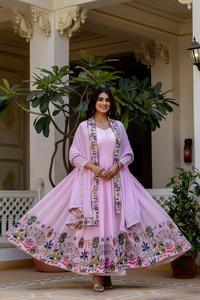 Robe Anarkali brodée en Georgette avec bordure de perles, Dupatta en toile à grande évasement, ensemble Salwar pour femme, prêt-à-porter - Product Image 5