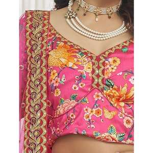 Ropa de boda de seda con estampado floral de color rosa oscuro Lehenga Choli - Product Image 2