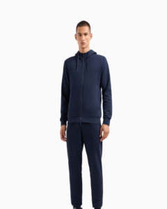 Men's Navy Blue Hooded Tracksuit Full Zipper Casual Wear Solid Color Polyester Regular Fit Autumn Sportswear with Side Pockets - Product Image 3