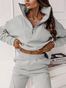 Conjunto de sudadera con cuello alto y pantalón, sudaderas con capucha personalizadas con cremallera frontal y ribete, chándal de invierno para mujer al por mayor, Athleisure de fábrica - Product Image 3