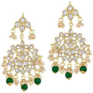 Conjunto de joyería Kundan chapado en oro con cuentas verdes y cristales blancos, diseño floral, collar y aretes étnicos para boda, para mujeres. - Product Image 3