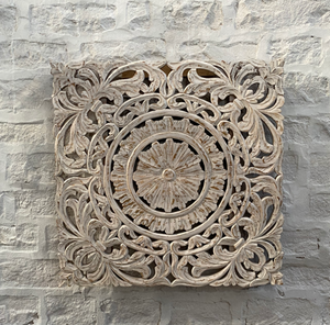 Panneau mural décoratif carré en bois massif blanc vieilli, sculpté à la main avec motifs floraux, pour la tête de lit des canapés et la décoration murale de salon - Product Image 4