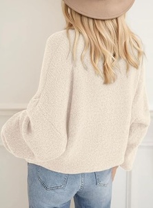 Pull en tricot à col rond et manches chauve-souris pour femme, couleur unie, décontracté, automne, 100% acrylique, manches longues, tricoté à la main - Product Image 5