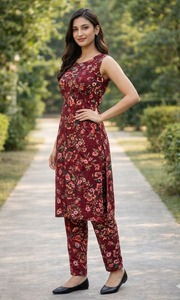 Conjunto coordinado rojo con estampado floral para mujer, top estilo kurta sin mangas con pantalón a juego, ropa de fiesta de diseño étnico fusionado. - Product Image 4