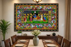 Tableau rectangulaire artisanal en toile Pattachitra Krishna Ras Leela, décoration murale indienne traditionnelle ethnique pour salon, vente en gros - Product Image 2