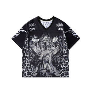 Camiseta de fútbol americano de malla texturizada para hombre con gráfico gótico de leopardo, cuello en V, estilo urbano, producción OEM personalizada al por mayor - Product Image 1