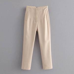 Pantalon crayon taille haute uni pour femme, formel, longueur cheville, en tissu peigné, avec poches et fermeture éclair, style automne - Product Image 5