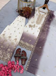 Salwar Kameez pakistanais bicolore avec pantalon Plazzo et dupatta blanc et violet brodé, tenue de mariage traditionnelle pour femmes - Product Image 5