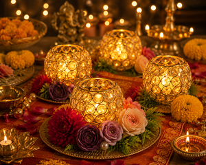 Porte-bougie en cristal doré avec fleurs artificielles |   Porte-bougie décoratif pour la décoration de la maison et les décorations festives - Product Image 3