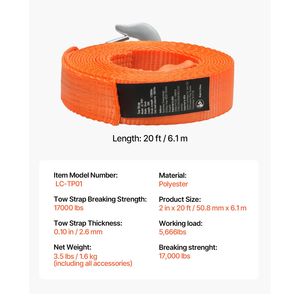 Cinghia di traino resistente per ATV da 2 pollici x 20 piedi con ganci di sicurezza, capacità 17.000 libbre per il recupero di camion e veicoli - Product Image 3