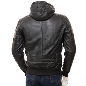 Chaqueta Bomber de Cuero Negra para Hombre con Capucha, Franjas Rojas de Carreras, Chaqueta Casual de Piel de Oveja Suave con Capucha, Corte Ajustado, Ropa Deportiva - Product Image 4