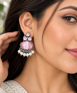 Oxidized <b>Silver</b> Multi Gemstone <b>Dangle</b> <b>Earrings</b> with Pearl Drops | Boho Ethnic Statement Jewelry Wholesale - Product Image 4