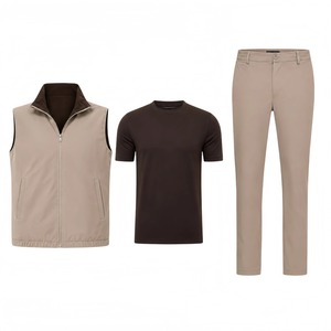 2026 OEM Men's Summer Contemporary 3 Piece Athleisure Fashion Set Breathable <b>Zip</b> Vest Mercerized Cotton Tee Elastic Waist Pants - Product Image 1