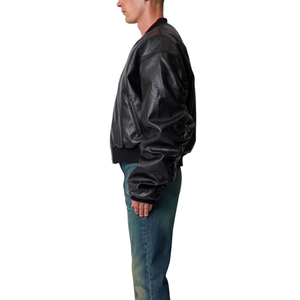 Blouson Bomber Homme Noir en Cuir Véritable Surdimensionné, Épaules Tombantes, Col, Poignets et Ourlet Côtelés, Fermeture Éclair Avant, Vêtement d'Extérieur Tendance Premium OEM - Product Image 6