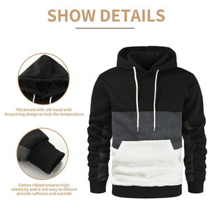 Sweat-shirt à capuche pour homme en molleton, coupe ajustée, motif chevron en V, color block, patchwork, noir, gris foncé, gris clair, vente en gros - Product Image 6