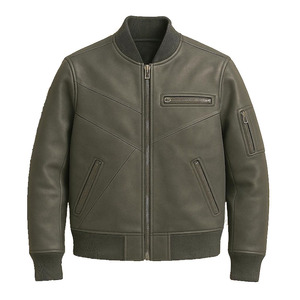 <b>Mens</b> Brown genuine Leather Bomber <b>Jacket</b> Moto Biker Style Stand Collar Zipper Closure Regular Fit Solid Color four season Wear - Product Image 4