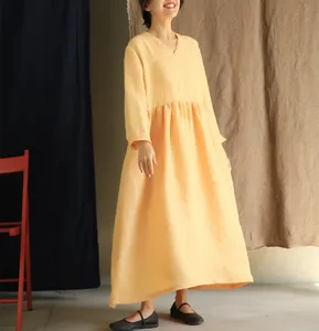 Robe longue en coton et lin pour femmes, col en V, manches longues, coupe ample, jaune, style bohème, robe longue décontractée - Product Image 1