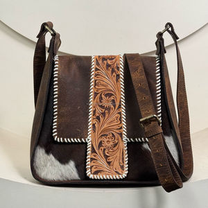 New Customized Design Hand Tooled Leather Women's Large Purses <b>Handbags</b> Luxury Fashion Snap Closure Genuine Cowhide Leather Bag - Product Image 4