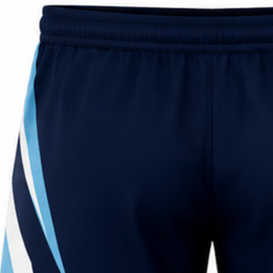Shorts de volley-ball bleu marine et bleu clair, bas de tenue sportive athlétique, vêtements d'entraînement d'équipe, uniforme de compétition avec design à panneaux latéraux - Product Image 3